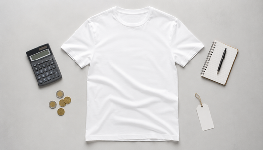 Flat lay of a white t-shirt with calculator and price tag representing t-shirt cost calculation for clothing brands