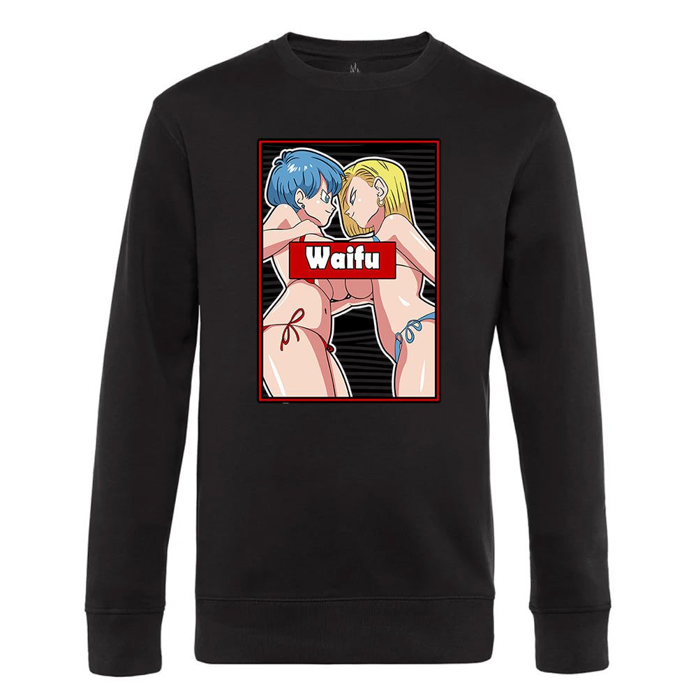 Anime-themed sweatshirt with provocative illustration and 'Waifu' text for apparel