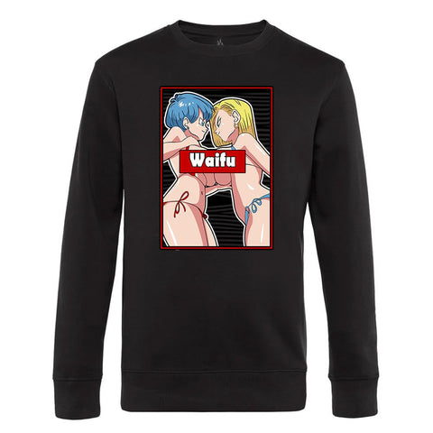 Anime-themed sweatshirt with provocative illustration and 'Waifu' text for apparel
