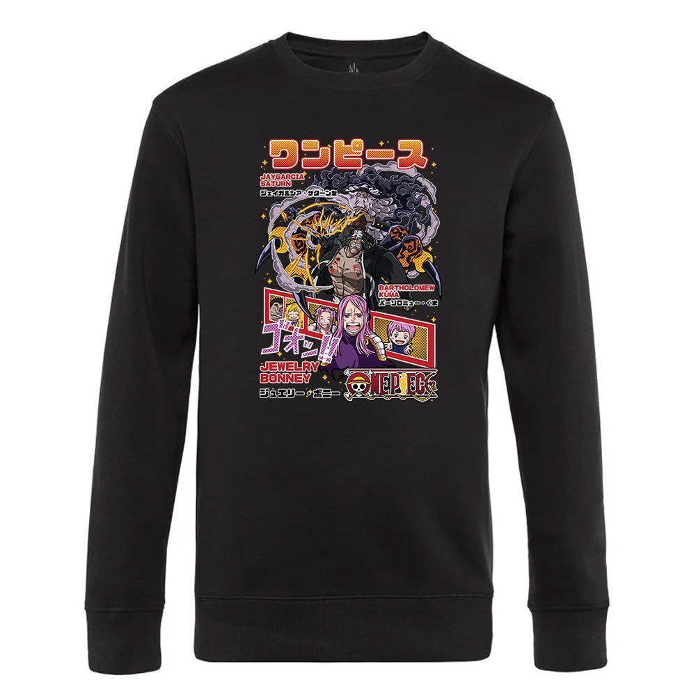 Black crewneck sweatshirt with vibrant pirate anime graphic