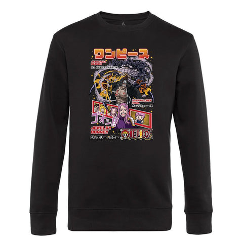 Black crewneck sweatshirt with vibrant pirate anime graphic