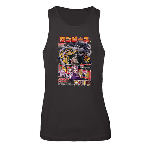 Black sleeveless pirate graphic tank top with colorful anime design