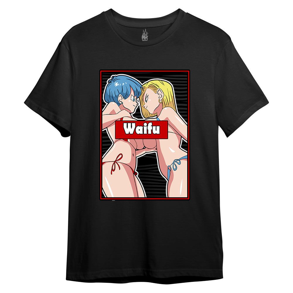 Graphic T-shirt with anime women and 'Waifu' text, provocative design for clothing