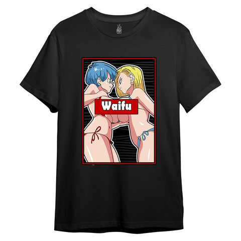 Graphic T-shirt with anime women and 'Waifu' text, provocative design for clothing