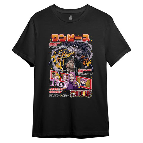 Black t-shirt pirate graphic with colorful anime design
