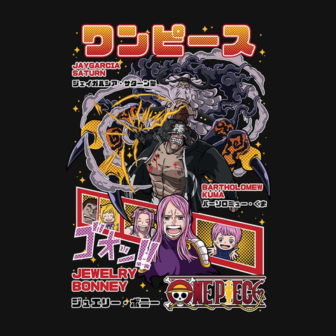 Anime-inspired Pirate graphic T-shirt with characters and Japanese text