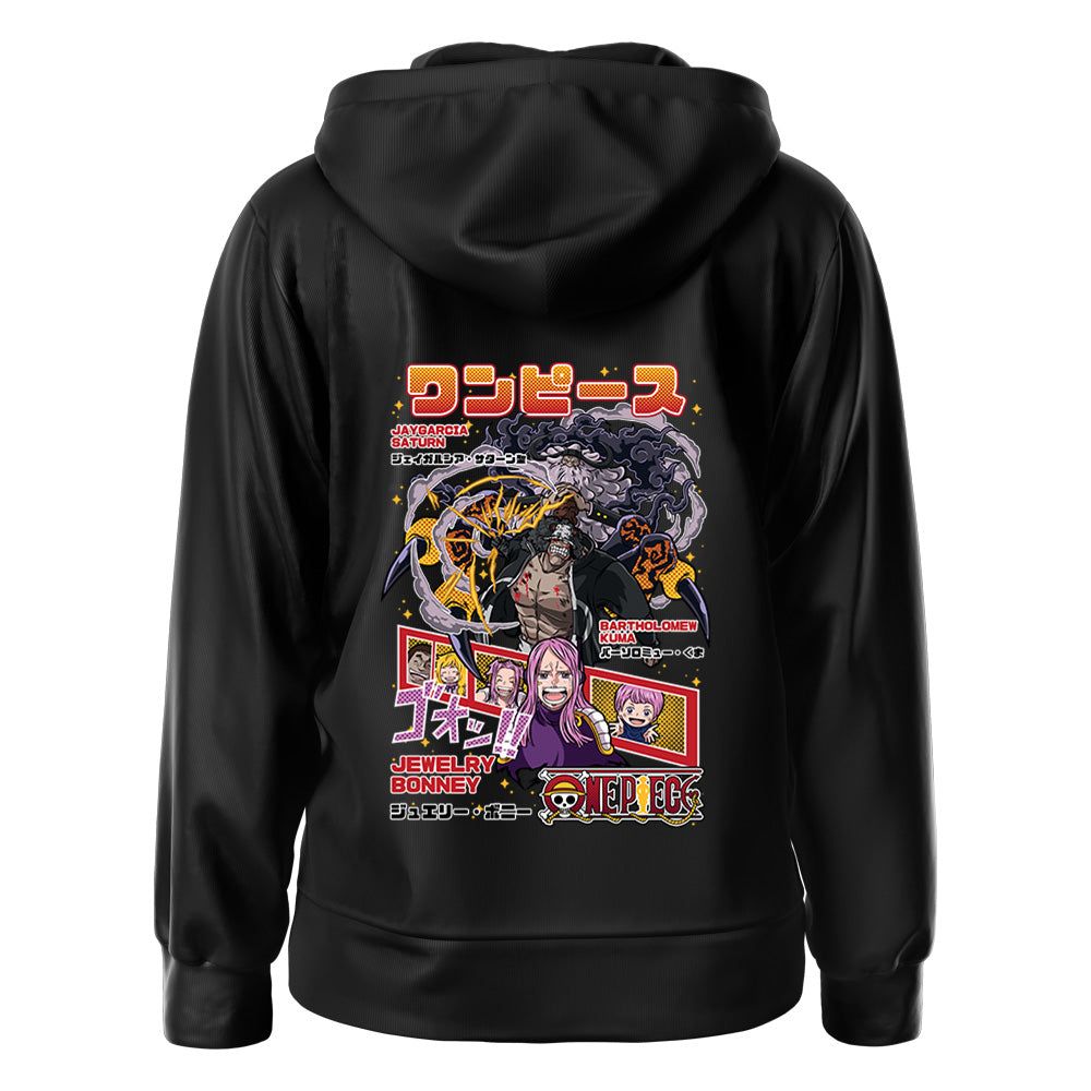 Black hoodie with anime-inspired pirate design featuring characters and Japanese text
