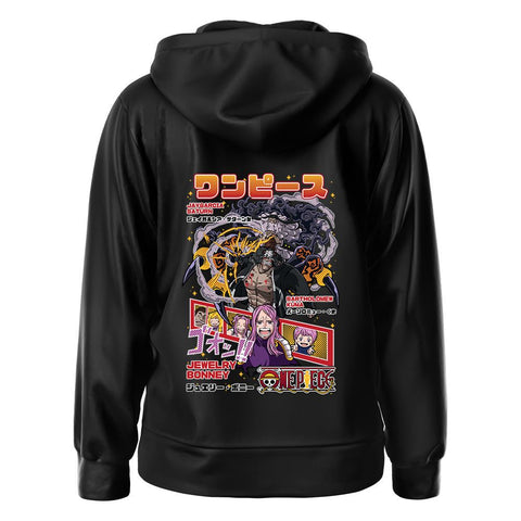 Black hoodie with anime-inspired pirate design featuring characters and Japanese text