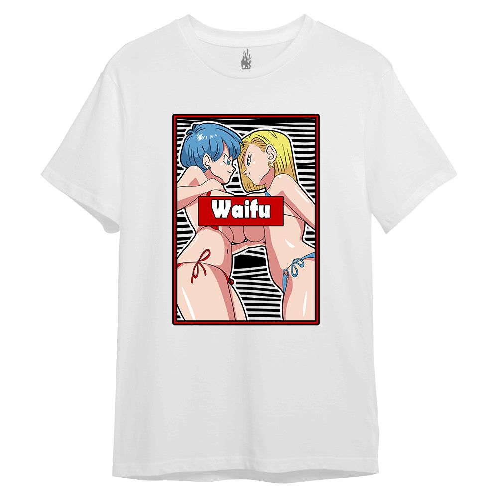 Graphic T-shirt with anime women and 'Waifu' text, provocative design for clothing